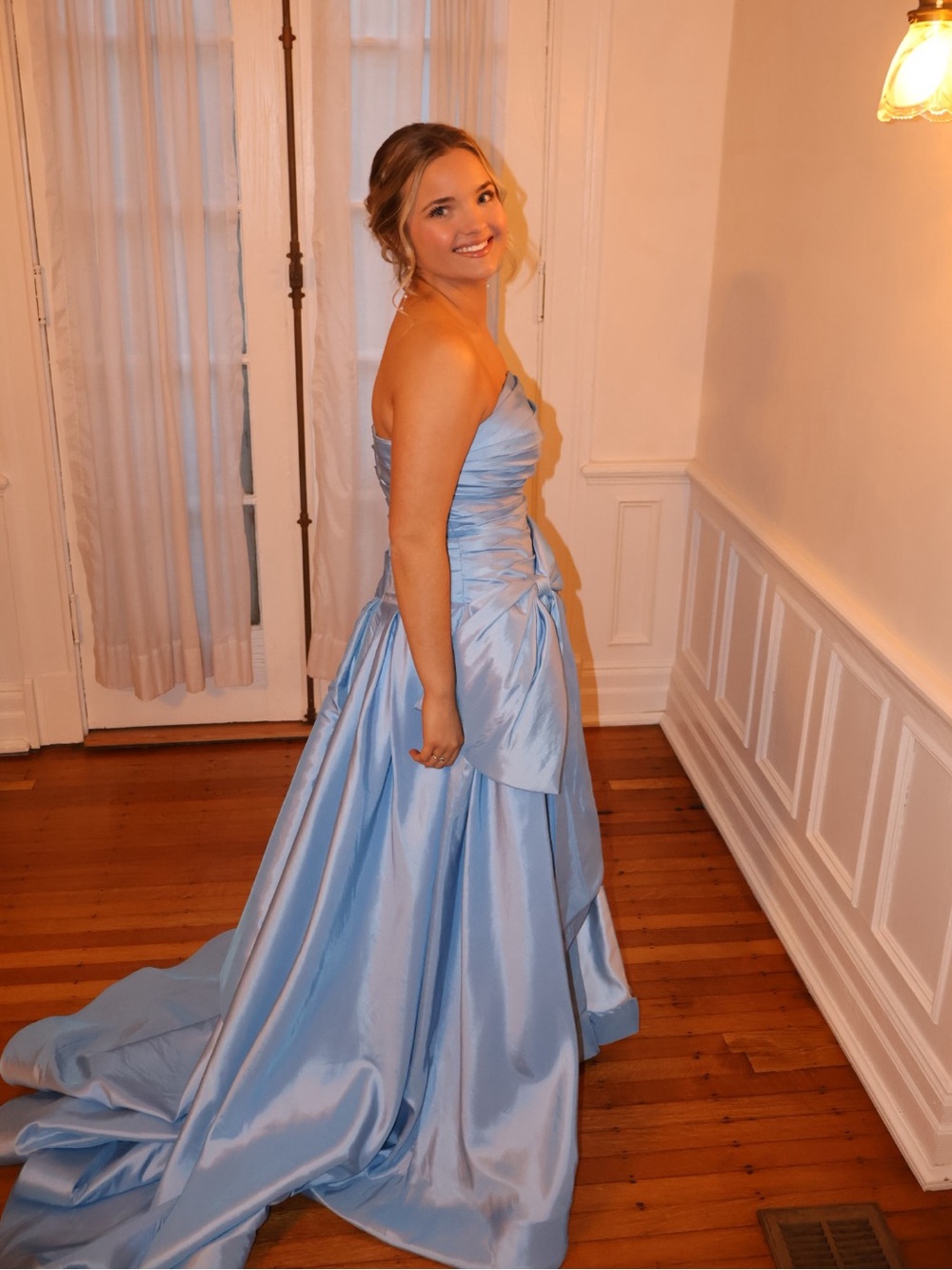 Size 2 Strapless Light Blue Satin Evening Gown